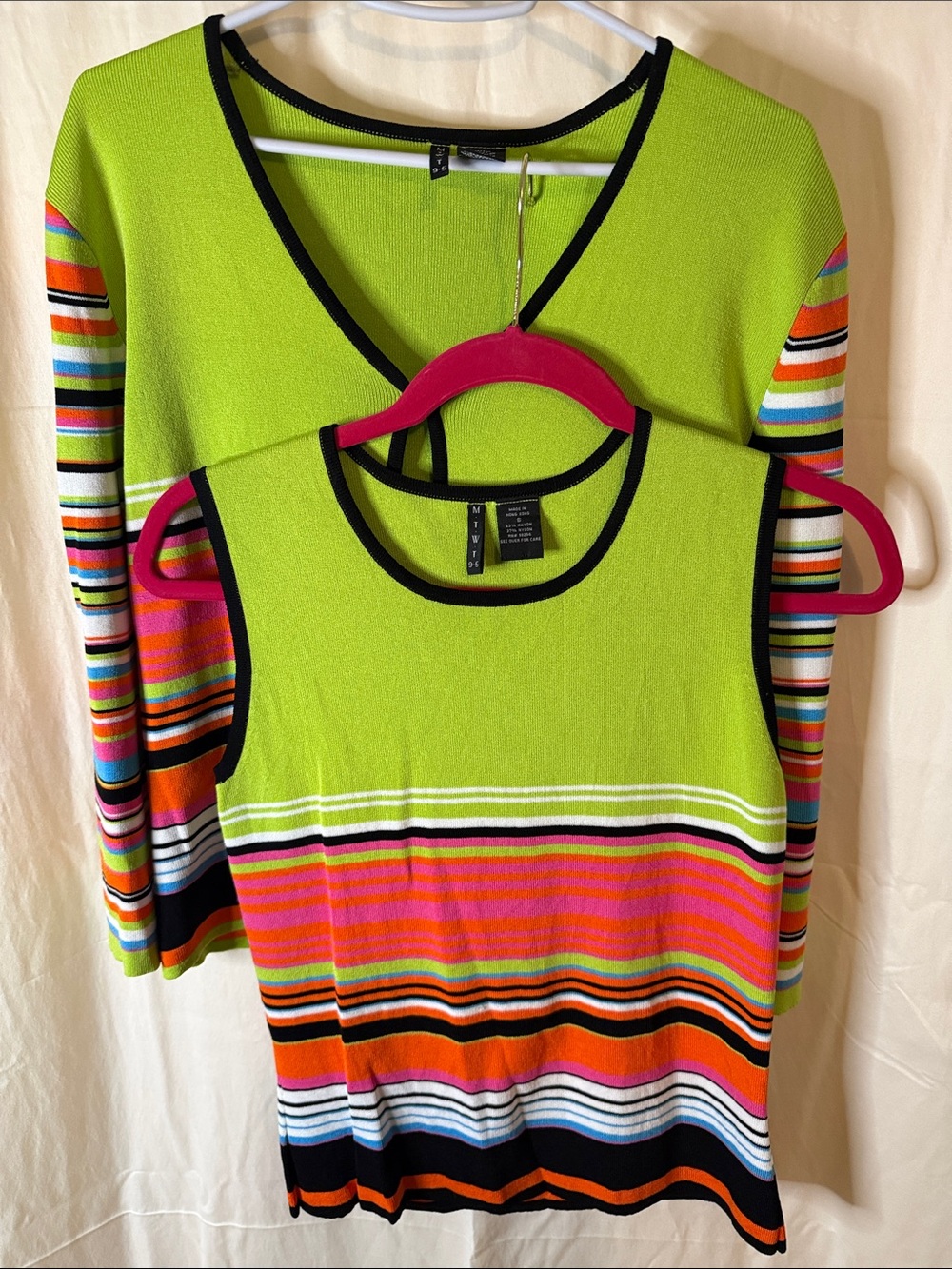 Women's Striped V-Neck Sweater & Tank Set - Lime Green